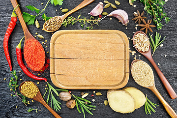 Image showing Frame of spices and herbs with plate on black board top