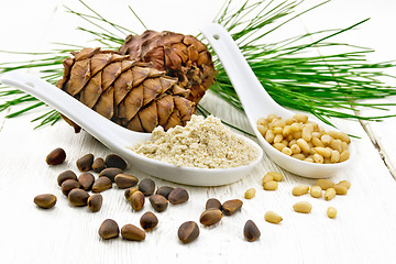 Image showing Flour cedar and nuts in two spoons on board