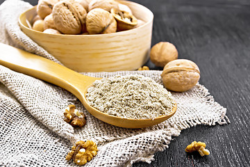 Image showing Flour walnut in spoon on burlap