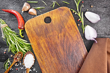 Image showing Frame of salt and herbs with plate on black board top