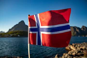 Image showing Norway Flag. Beautiful Nature Norway natural landscape.