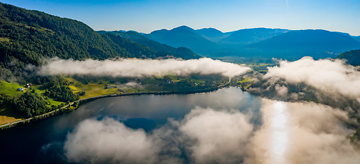 Image showing Aerial Beautiful Nature Norway over the clouds.