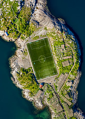 Image showing Football field stadium in Henningsvaer from above.