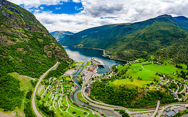 Image showing Aurlandsfjord Town Of Flam at dawn.