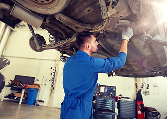 Image showing mechanic man or smith repairing car at workshop