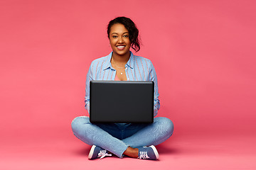 Image showing happy african american woman with laptop computer