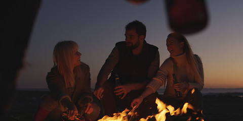 Image showing Young Friends Making A Toast With Beer Around Campfire at beach