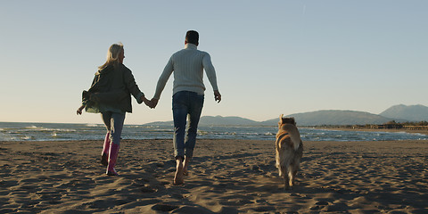 Image showing couple with dog having fun on beach on autmun day