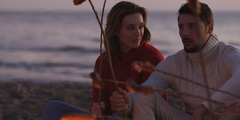 Image showing Group Of Young Friends Sitting By The Fire at beach