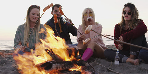 Image showing Group Of Young Friends Sitting By The Fire at beach