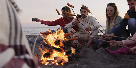 Image showing Group Of Young Friends Sitting By The Fire at beach