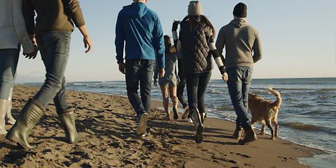 Image showing Group of friends having fun on beach during autumn day