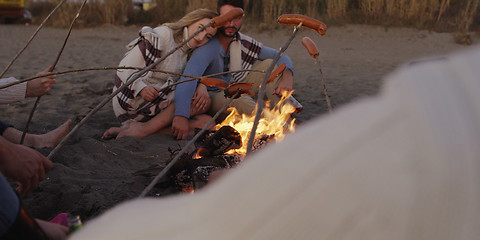 Image showing Group Of Young Friends Sitting By The Fire at beach