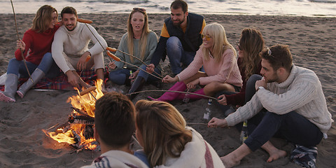 Image showing Group Of Young Friends Sitting By The Fire at beach