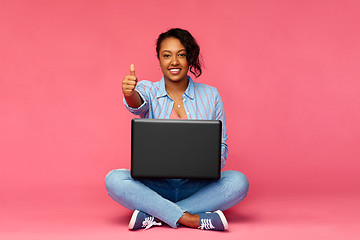 Image showing happy african american woman with laptop computer