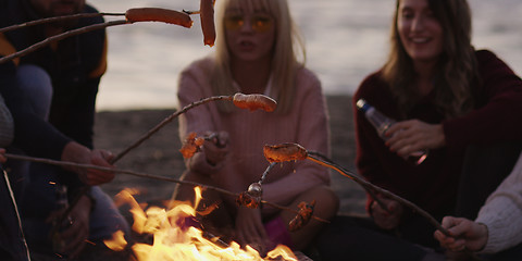 Image showing Group Of Young Friends Sitting By The Fire at beach