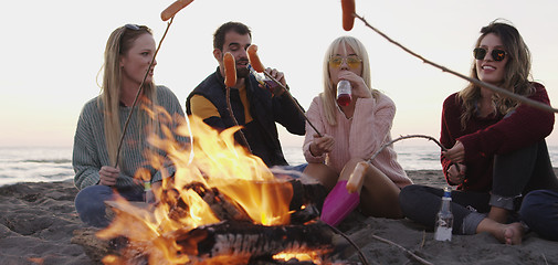 Image showing Group Of Young Friends Sitting By The Fire at beach