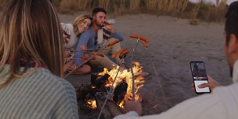 Image showing Group Of Young Friends Sitting By The Fire at beach