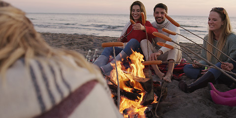 Image showing Group Of Young Friends Sitting By The Fire at beach