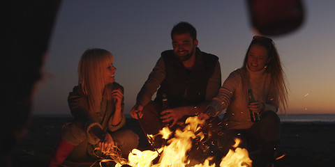 Image showing Young Friends Making A Toast With Beer Around Campfire at beach