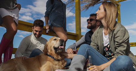 Image showing Group of friends having fun on autumn day at beach