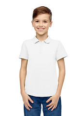 Image showing happy boy in white blank polo t-shirt