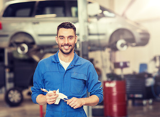 Image showing auto mechanic or smith with wrench at car workshop