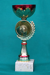Image showing Champion cup with reflection on green background