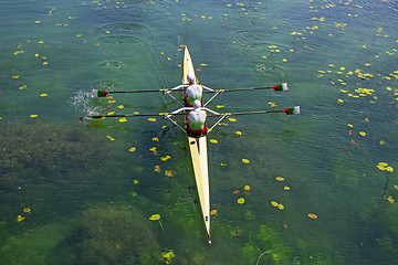 Image showing Two young athletes rowing team on green lake
