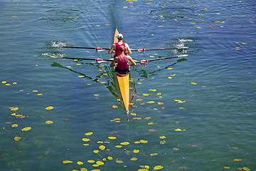 Image showing Two young athletes rowing team on green lake