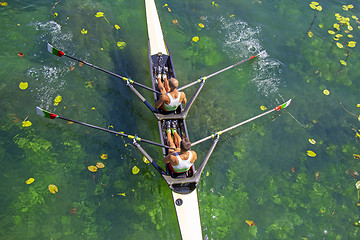 Image showing Two young athletes rowing team on green lake