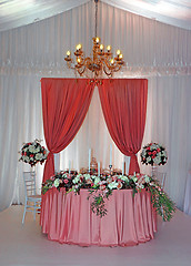 Image showing Beautifully decorated wedding table with flowers and candles