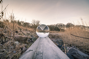 Image showing Crystal ball in balance on a wooden log