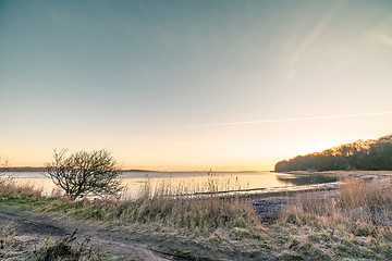 Image showing Sunrise over a lake in the winter with frost