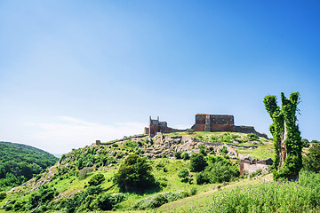 Image showing Ancient castle on a green hill with trees