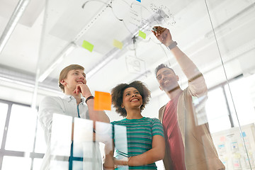 Image showing happy creative team at office glass board