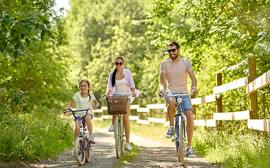 Image showing happy family riding bicycles in summer park