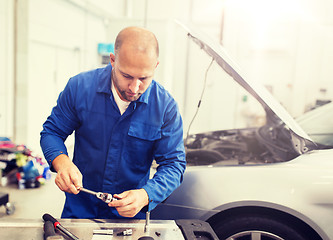 Image showing mechanic man with wrench repairing car at workshop