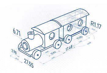 Image showing Toy train with drawing design elements. Blueprint design. Vector 3d illustration