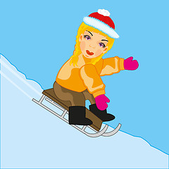 Image showing Girl rides on sled with hutches in winter