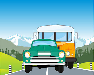 Image showing Retro car and bus on mountain road