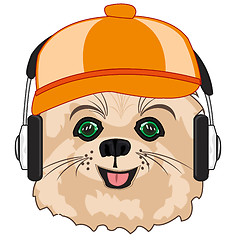 Image showing Cartoon of the mug of the fashionable cat in cap and earphone listenning music