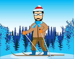 Image showing Man runs on ski in wood in winter