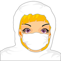 Image showing Girl physician in defensive suit and mask