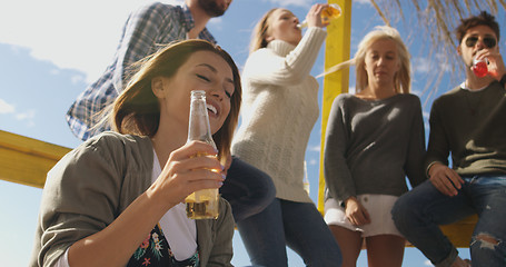 Image showing Group of friends having fun on autumn day at beach