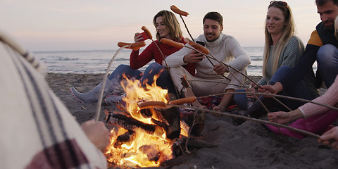 Image showing Group Of Young Friends Sitting By The Fire at beach