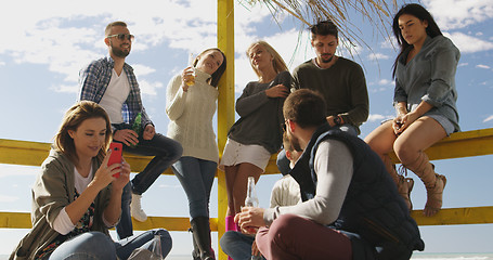 Image showing Group of friends having fun on autumn day at beach