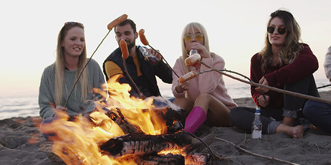 Image showing Group Of Young Friends Sitting By The Fire at beach