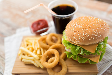 Image showing close up of hamburger and other fast food