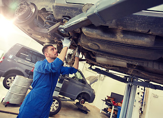 Image showing mechanic man or smith repairing car at workshop